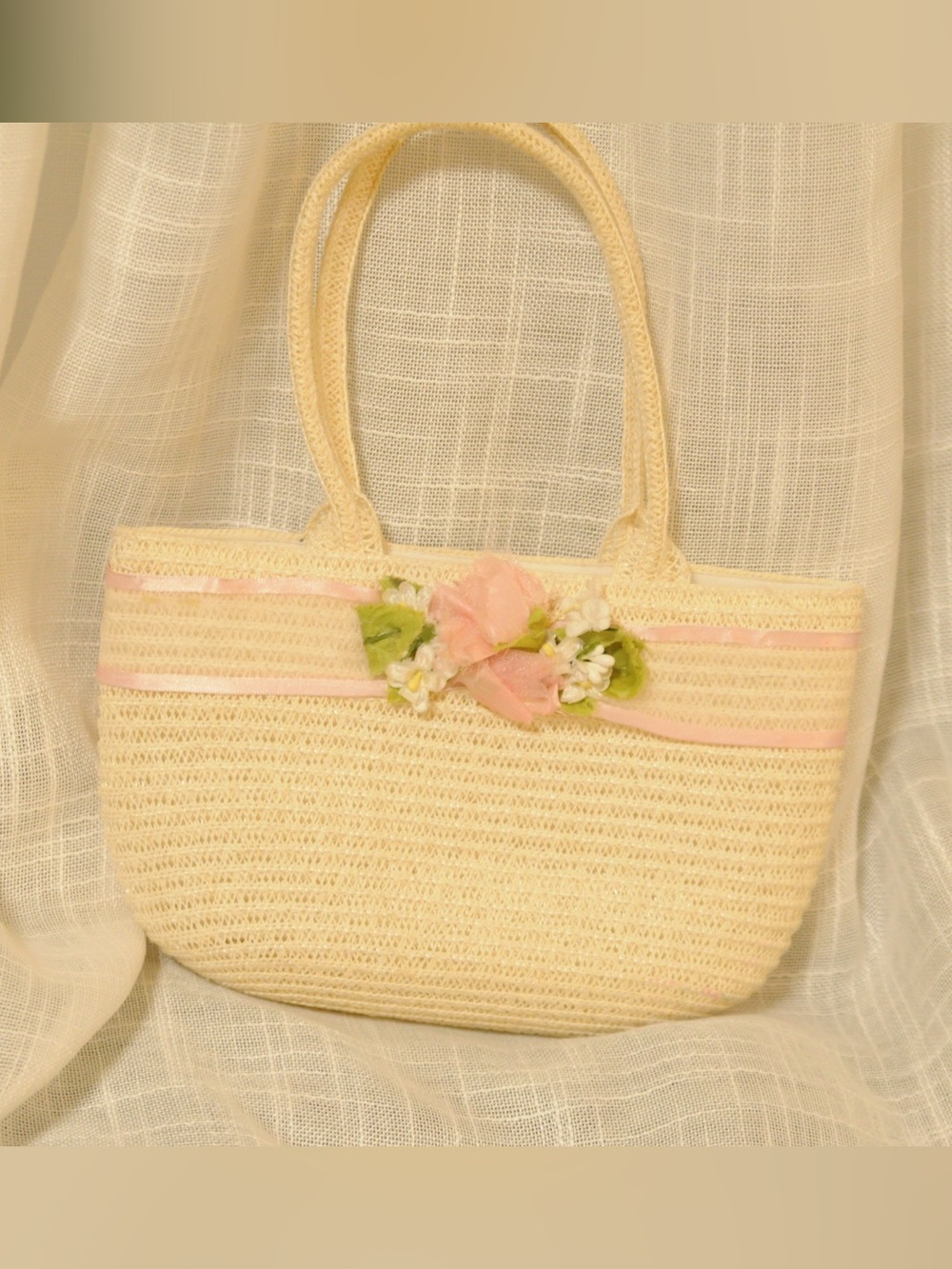 Straw Tote Bag with Pink Floral Accent
